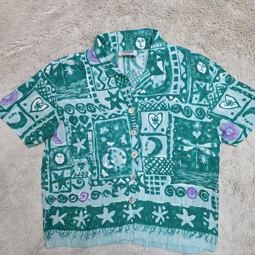 TEDDI Vintage 90's Blouse Green Boxy Teal 100% Rayon Button Down M Sun & Stars